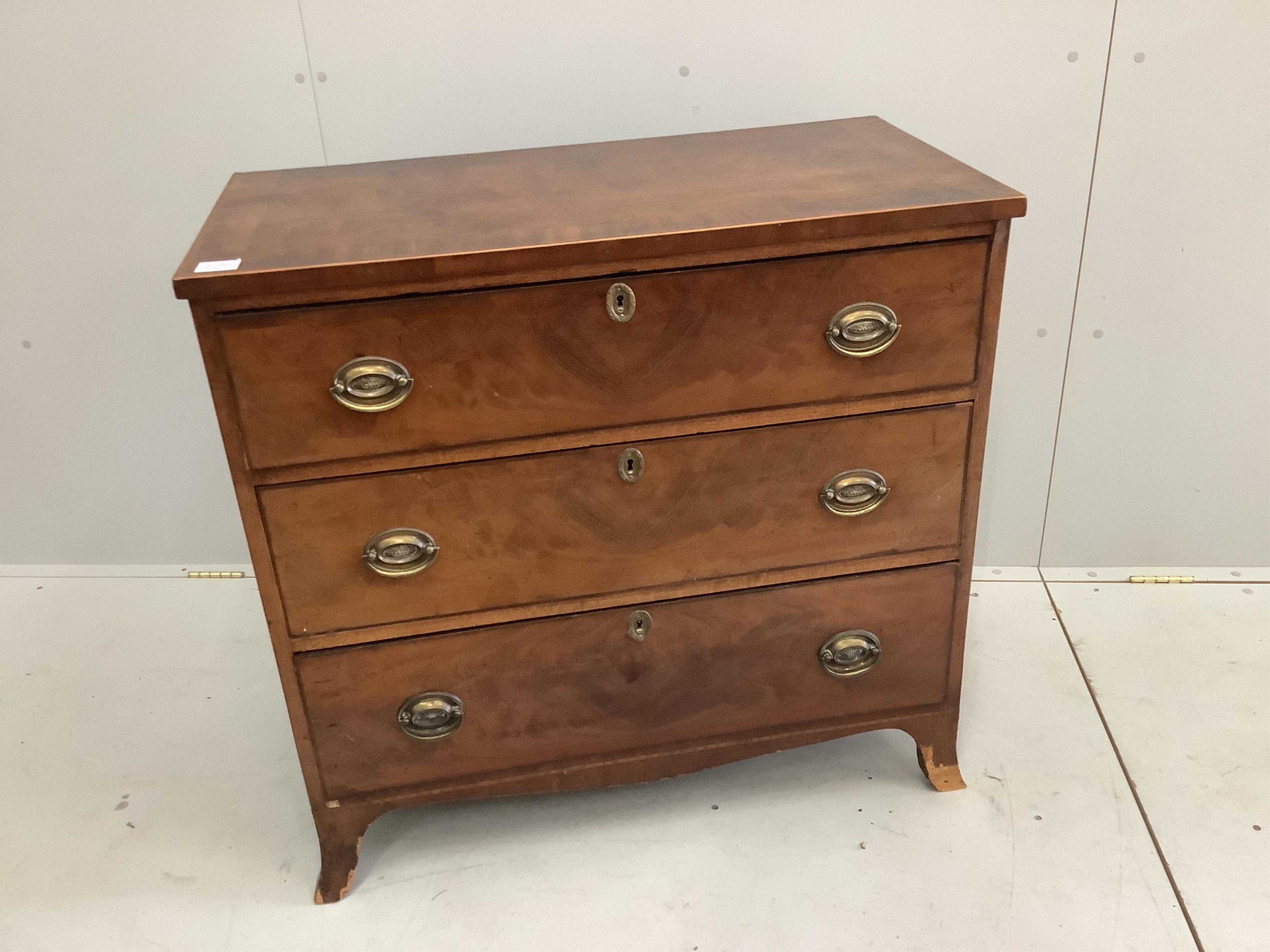 A George IV mahogany chest of three drawers, width 88cm, depth 46cm, height 85cm. Condition - fair